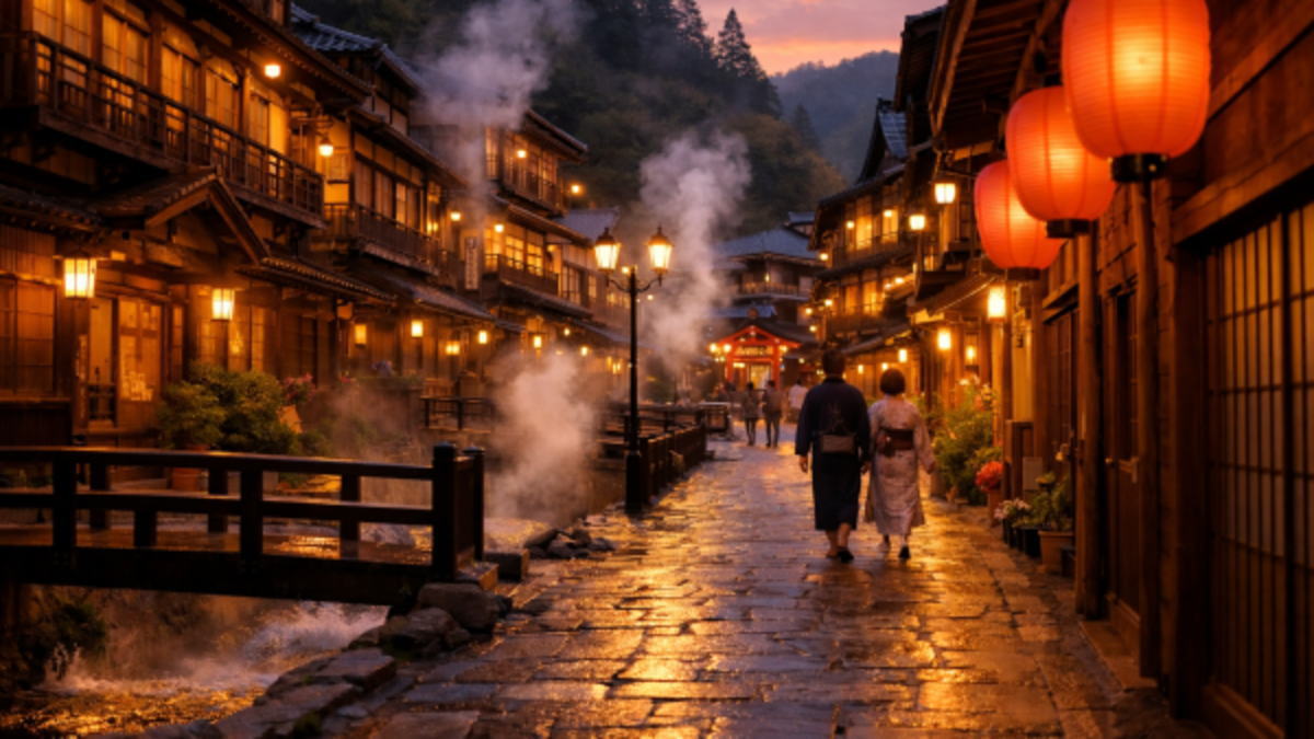 温泉街の石畳と湯けむりの風景